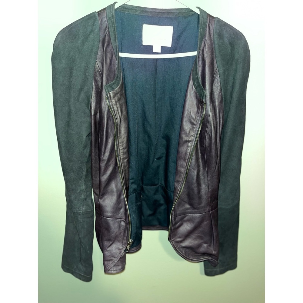 Hinge Black and purple leather peplum jacket